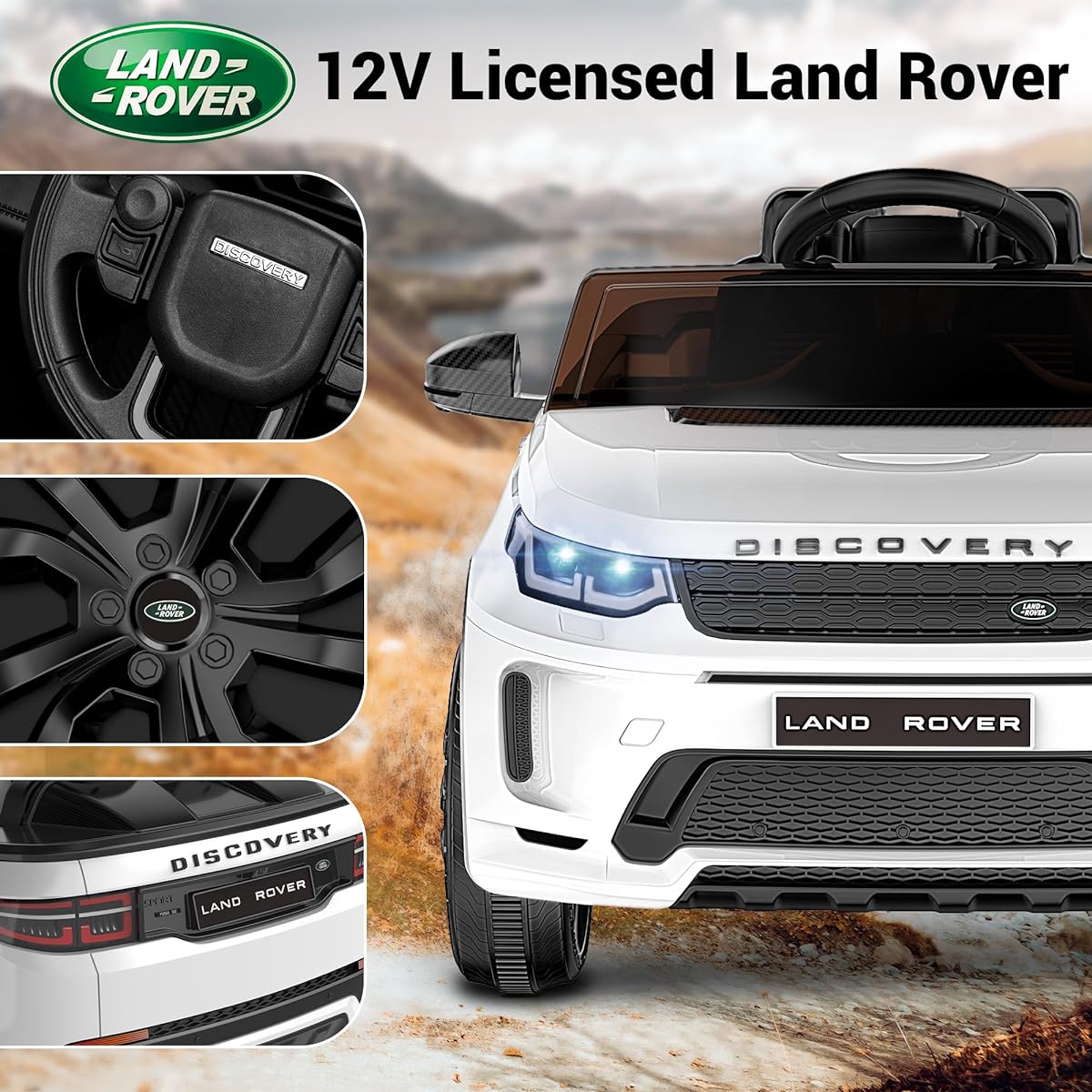 ARBELI 12V Licensed Land Rover Kids Electric Car with Parent Remote Control Bluetooth Music Shock Absorber LED Lights Toys for 2-5 Year Olds (Single Seat) White