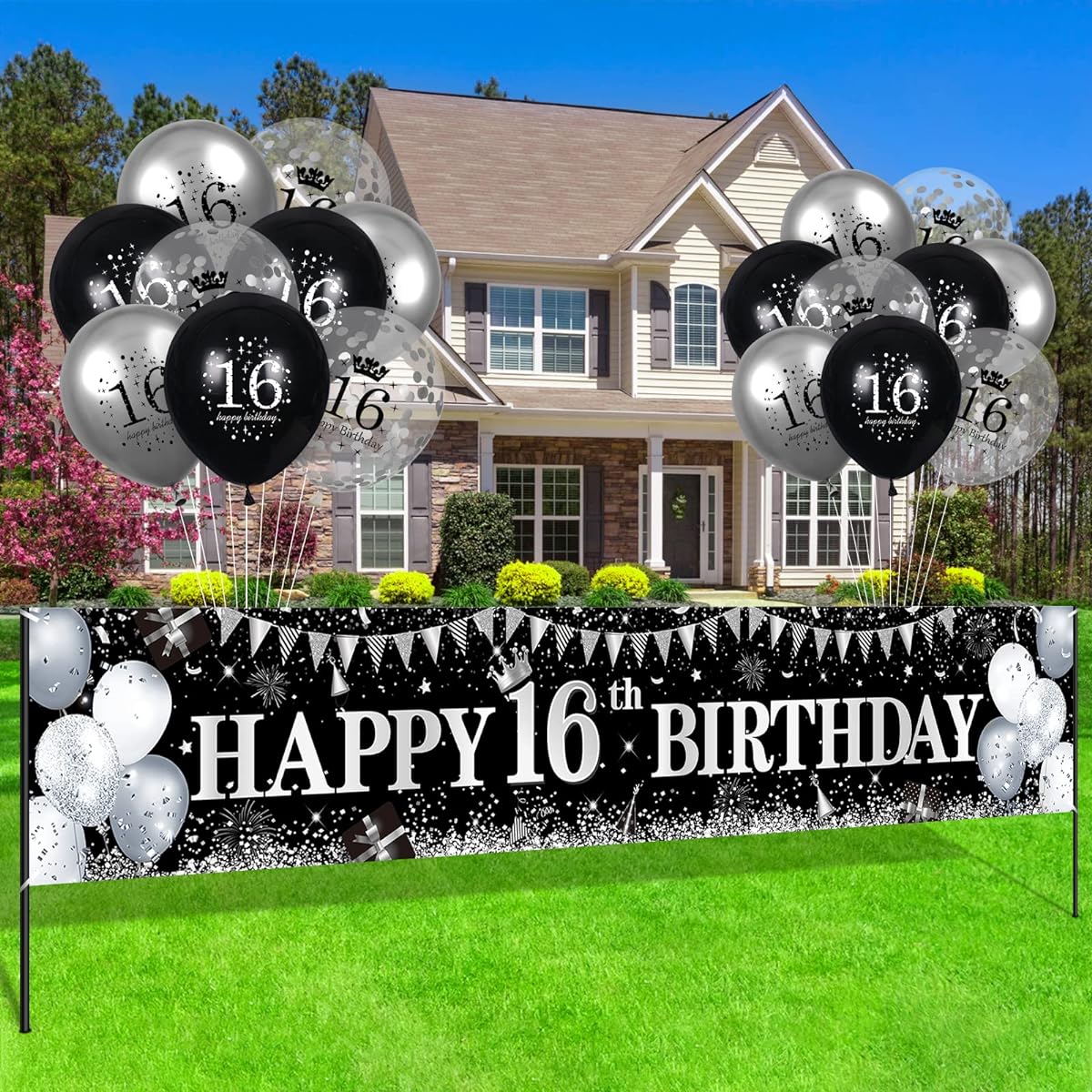 Black Silver Happy Birthday Decorations Black Silver Happy Birthday Banner Yard Sign Birthday Anniversary Party Supplies (16th Birthday Banner and Balloons)