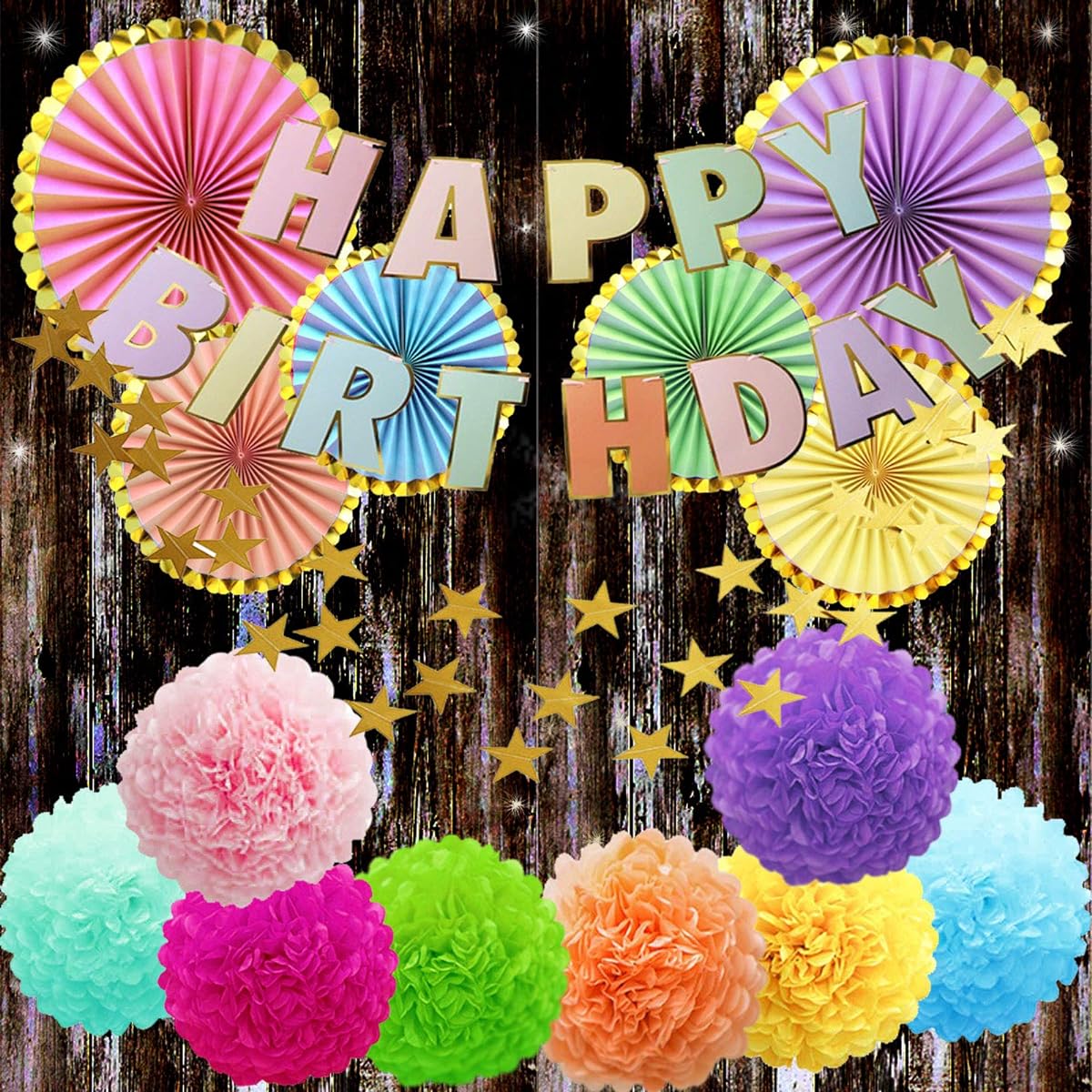 Air Fit Paper Fans Hanging Decorations with Birthday Banner and Pom Poms Birthday Party Decorations Set Pack Supplier