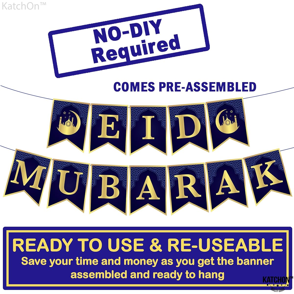 Large Eid Mubarak Banner - 10ft No DIY Required | Blue and Gold Eid Mubarak Sign Ramadan Party Supplies | Eid Banner for Ramadan Kareem and Eid Decorations | Home Decorations | Ramzan Decorations