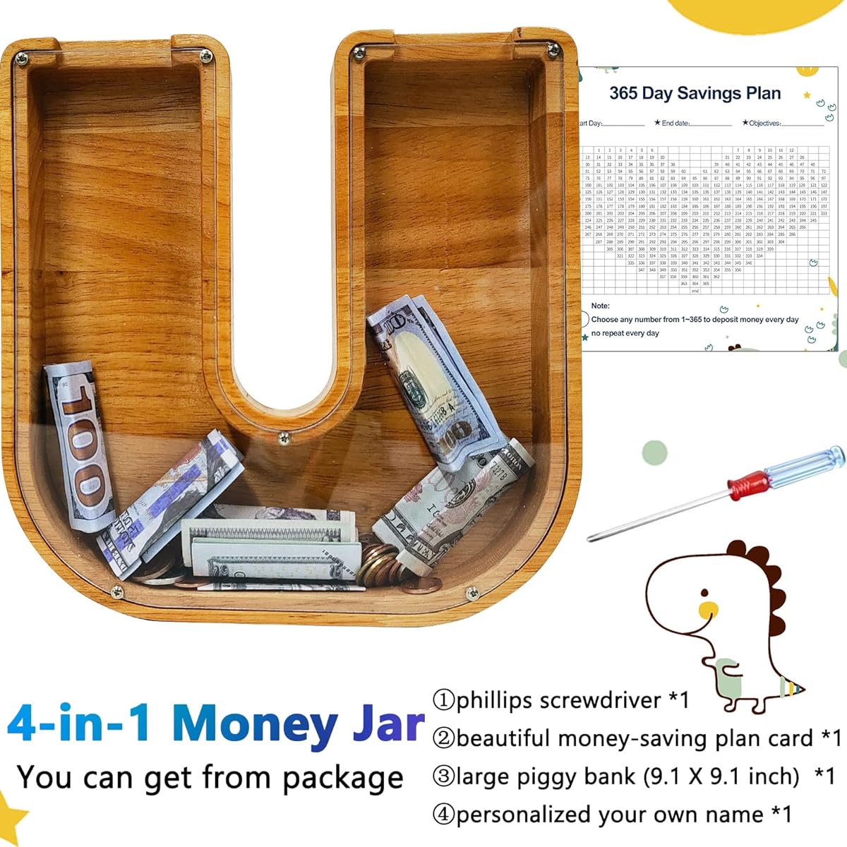 Custom Wooden Piggy Bank Creative 26 English Alphabet Letter Storage Tank Personalized Letter Coin Bank Customize Wooden Toy Piggy Bank Frame DIY Your Own Name Letter Decorative Kids Piggy Bank(U)