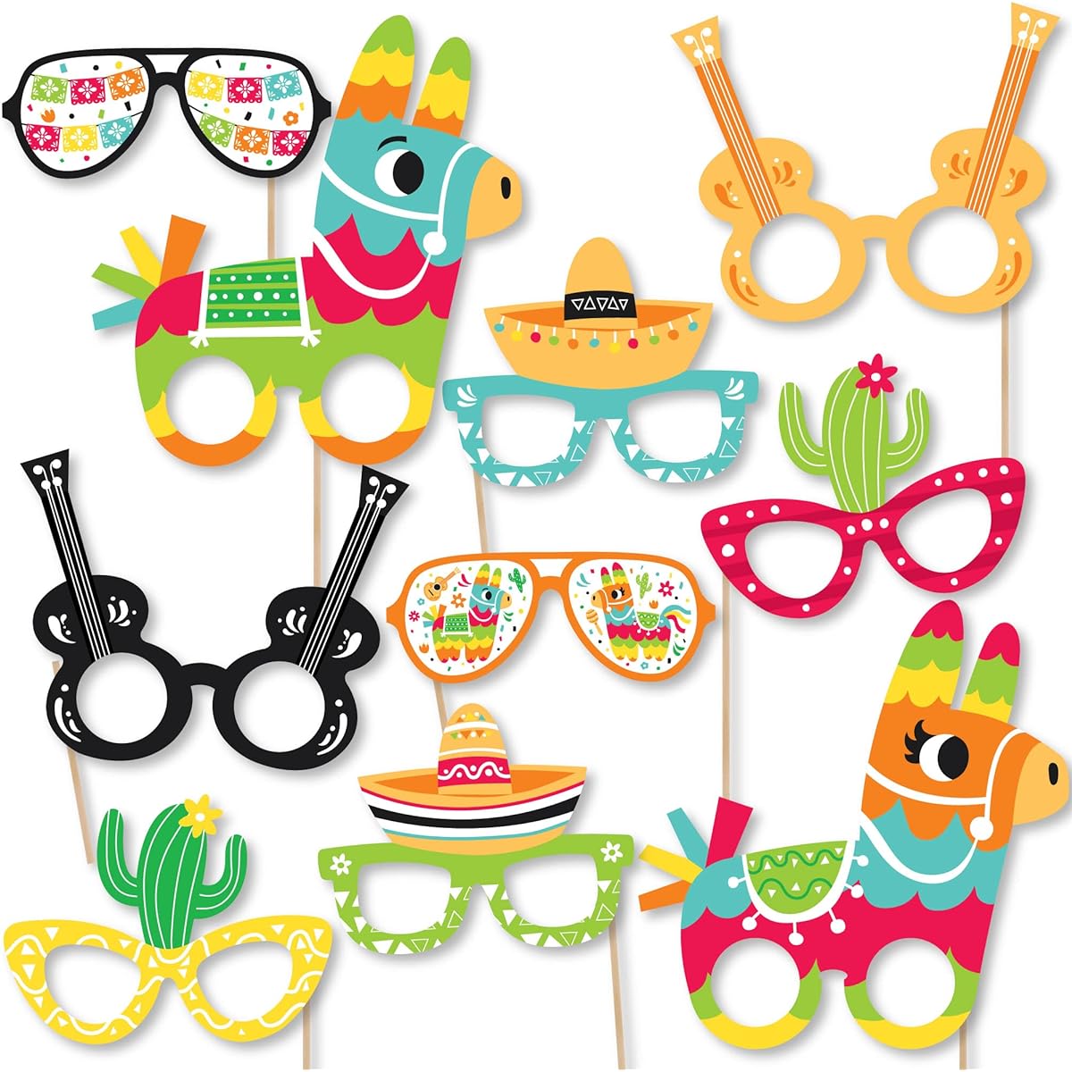Big Dot of Happiness Pinata Party Glasses - Paper Cardstock Colorful Fiesta Photo Booth Props Kit - 10 Pieces