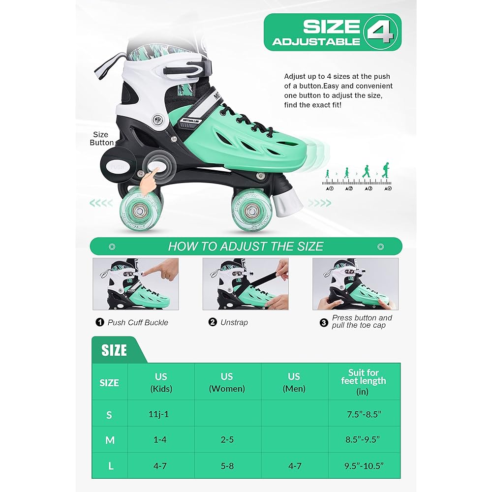 METROLLER Roller Skates for Girls Kids Boys Roller Skates Adjustable 4 Sizes Beginner Children Roller Skates with Light Up Wheels Adult Inline Skates Women Men