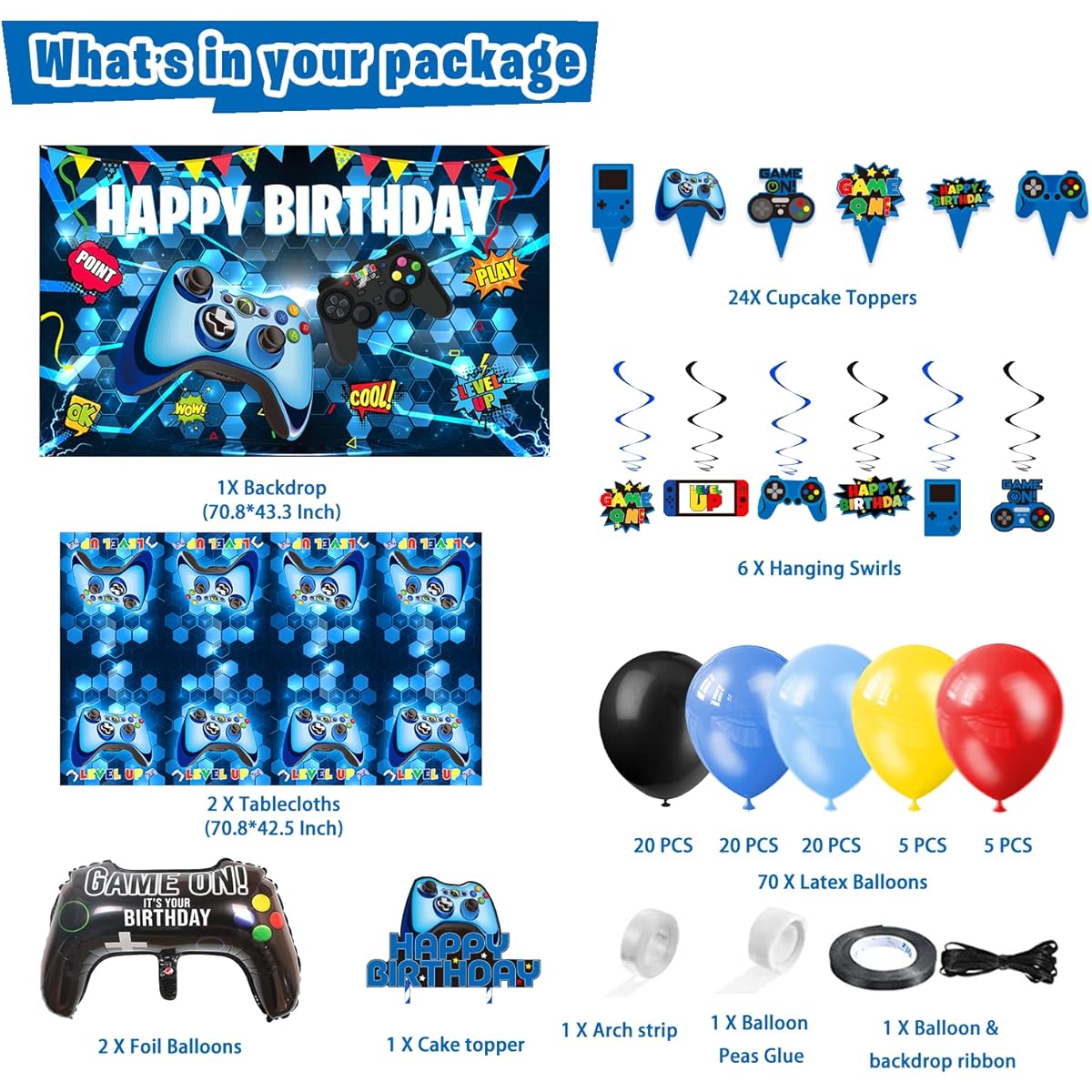 KimaruLZ Video Game Birthday Party Decorations - 109 Pieces Gamer Gaming Party Supplies for Boys Birthday Party - Happy Birthday Backdrop, Table Cover, Hanging Swirls, Cupcake Cake Toppers, Balloons