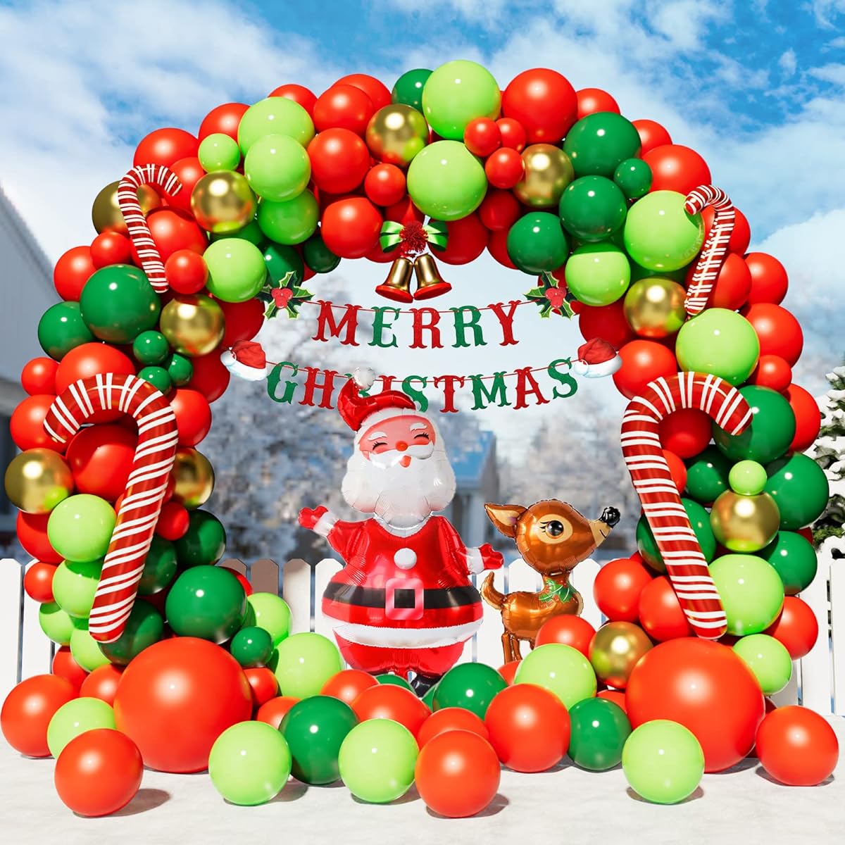 CboDeco Christmas Balloon Garland Arch Kit, 106 Pieces Red, Dark Green, Metallic, Gold, Lime Green Balloons, Santa Claus Balloons, Elk Balloons, Candy Cane Balloons for Christmas Party Decorations