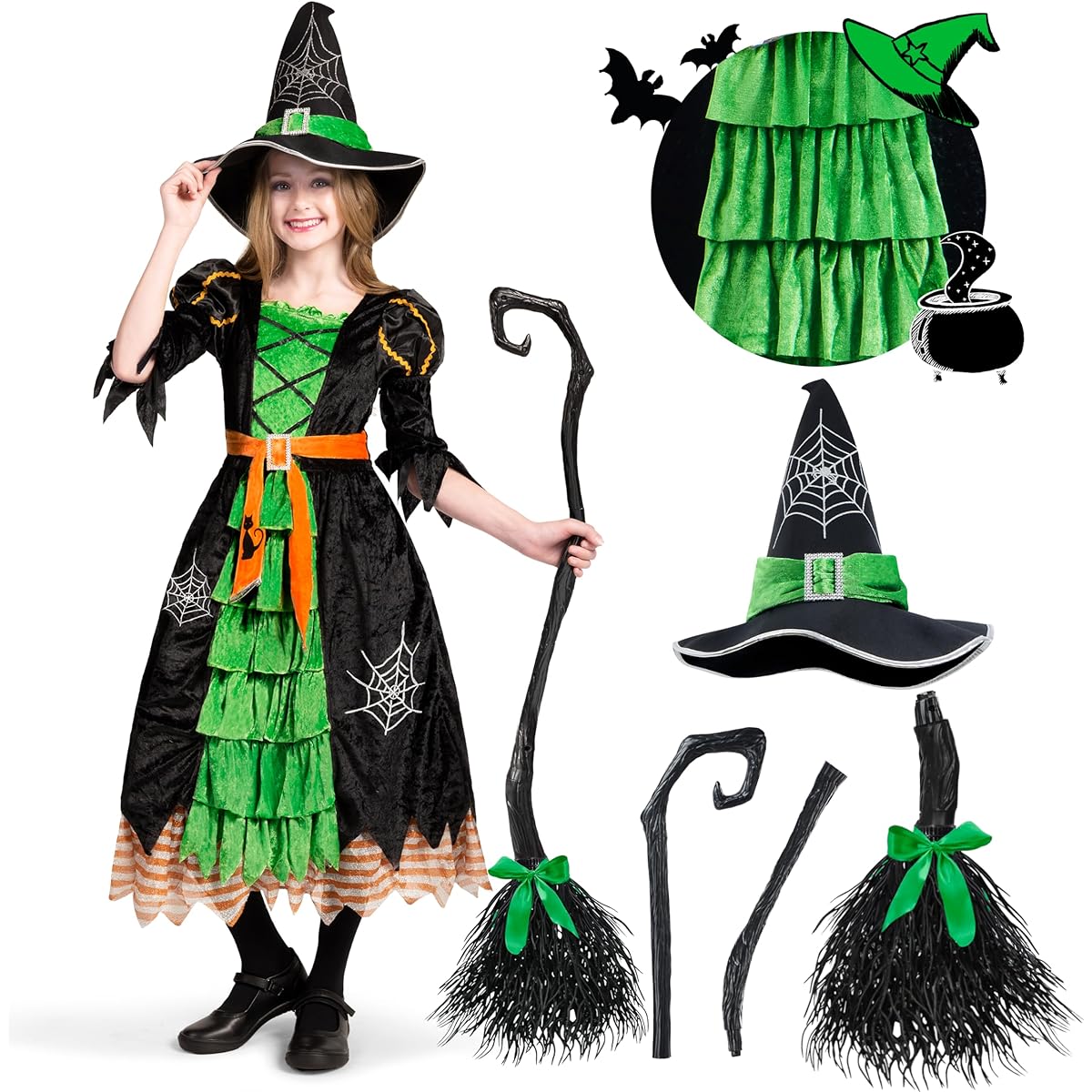Fairy Tale Green Cute Witch Dress Halloween Costume Deluxe Set with Hat for Girls