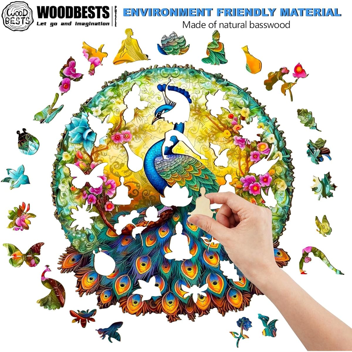 WOODBESTS Wooden Jigsaw Puzzle for Adults Mandala Peacock Puzzle Large 290 Pieces 13.7" x 12.8" Beautiful Wooden Box Puzzle Wood Unique Shape Birthday Gift for Adults and Kids Family Game