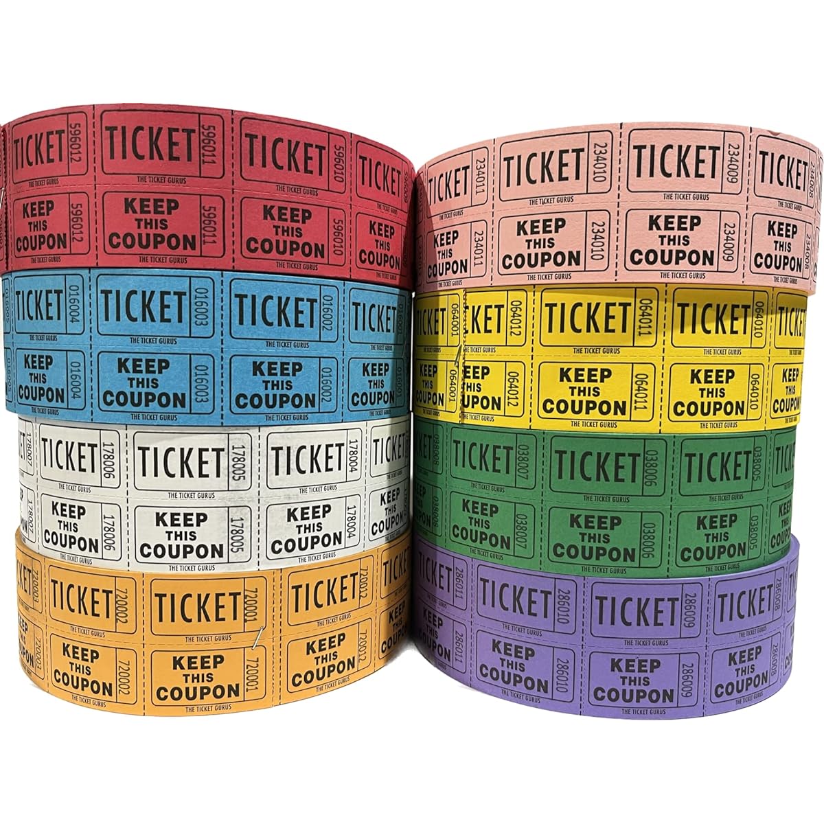 Ticket Guru Raffle Tickets Raffle Tickets (4 rolls of 2000 double tickets each) 8000 total 50/50 raffle tickets (choose your color combination below)