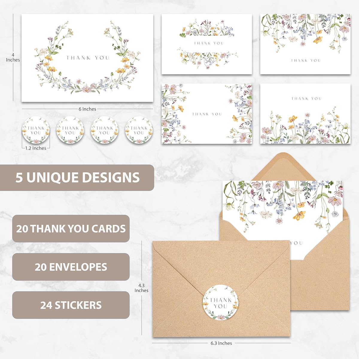 AUDREE Midsummer Floral Thank You Cards with Envelopes (Bulk Pack of 20 4x6)