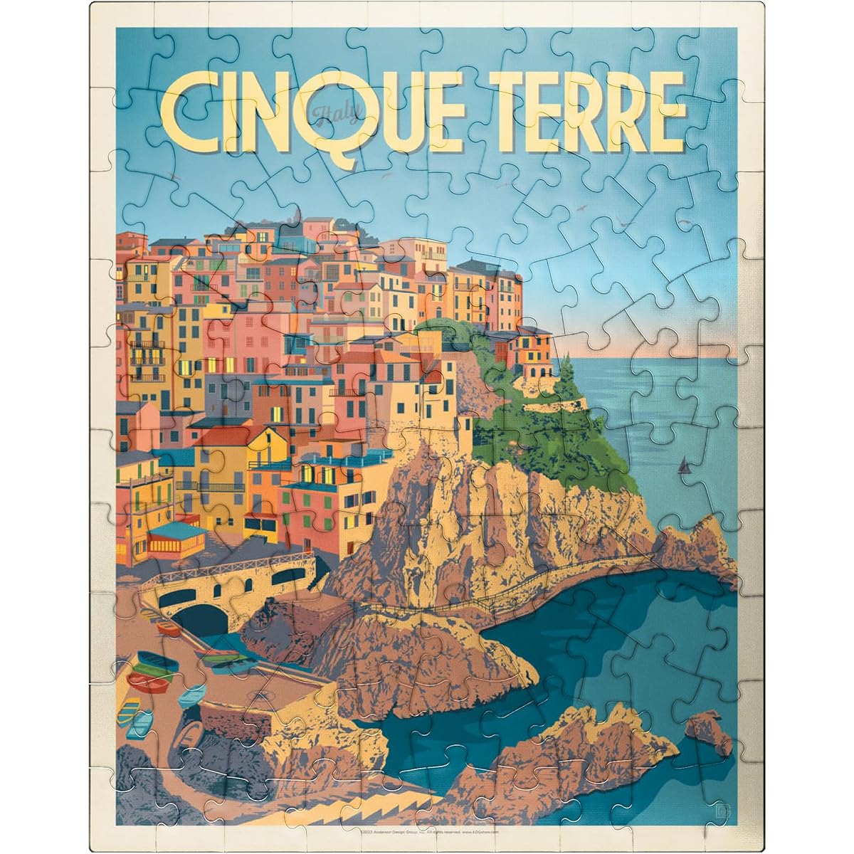 Italy: Cinque Terre Vintage Poster - Premium 100 Piece Jigsaw Puzzle for Adults