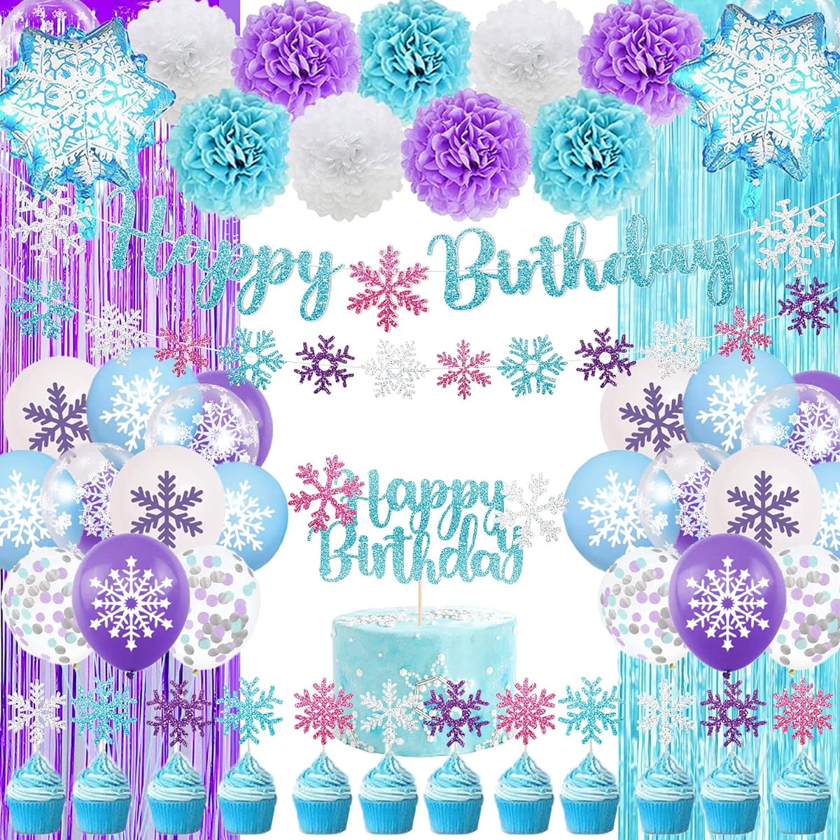 Snowflake Birthday Party Decorations Blue Glitter Happy Birthday Snowflake Banner Cake Topper Purple Blue White Snowflake Balloons Winter Wonderland Birthday Party Decorations Baby Shower