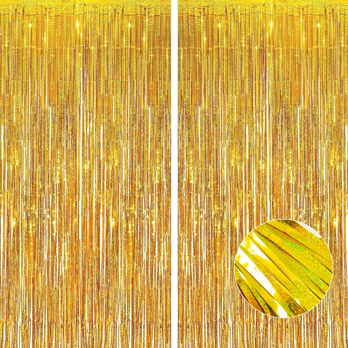 Glod Tinsel Foil Fringe Curtains Party Decorations 3.3x8.5ft - 2 Pack Photo Backdrop for Birthday Bachelorette Bridal Shower Baby Shower Graduation Party Party Stream Decor
