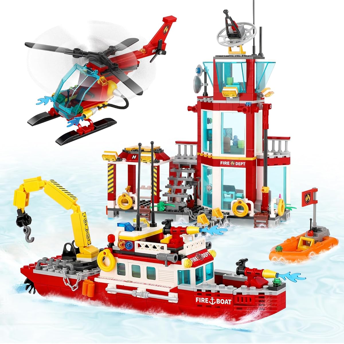 City Oceans Fire Station Building Kit Compatible with Lego Fire Station Set, Includes Fire Station, Fire Ship, Fire Helicopter and Rescue Boat, Gift for Boys Ages 8-14