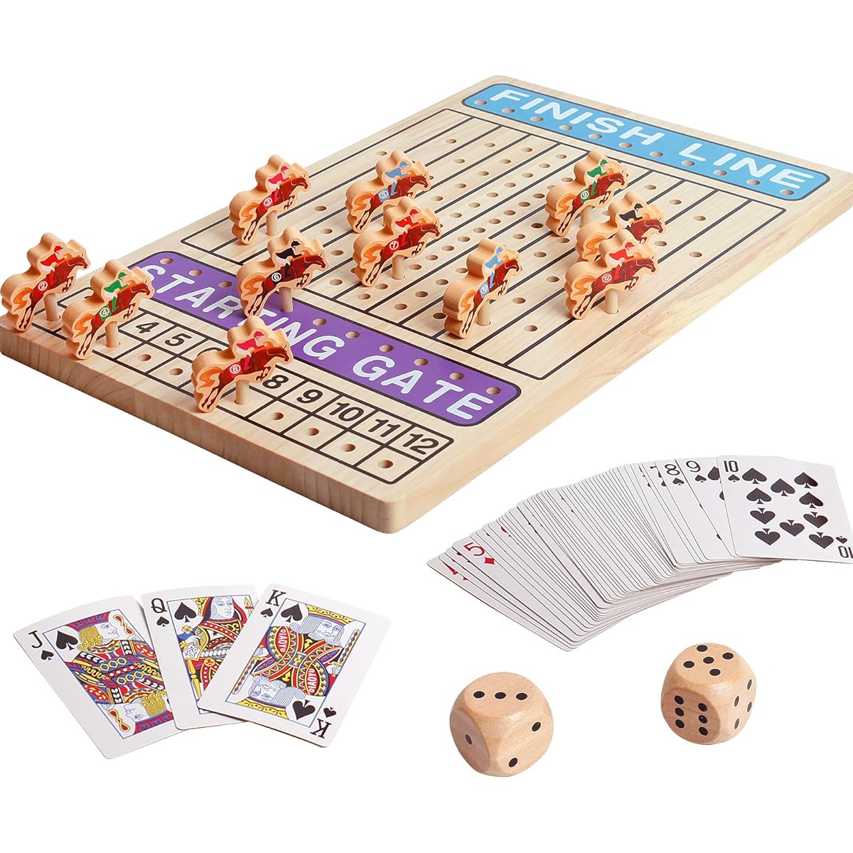 Horse Racing Game Wooden Challenge Toy Poker Board Game with Sturdy Horse Dice and 11 Cards for Kids Family Game Brain Teaser Gambling Game Chess