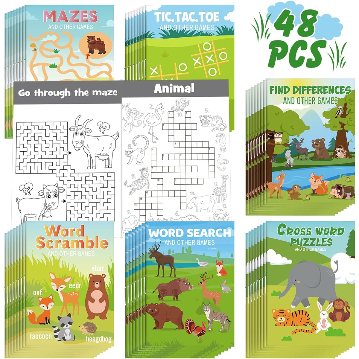 Mini Activity Books for Kids, Mini Fun Games, Challenging Activities, Mazes, Word Search, Word Scramble, Spot the Difference and More, Great for Parties, Classroom Gift Bag Stuffers (48, Animals)