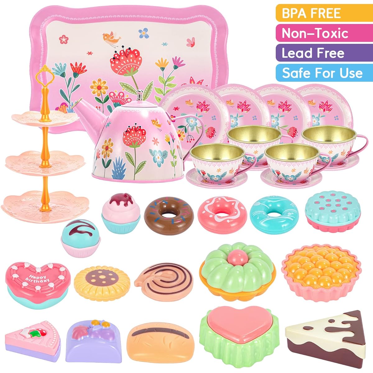 ShyLizard Tea Set for Little Girls, Kids Party Set Toys for 3 Year Old Girls, Princess Tea Set Girls Gifts, Flower Design Tea Set Toys for Girls, Gifts for 3 4 5 6 Year Old Girls, 43 Pieces