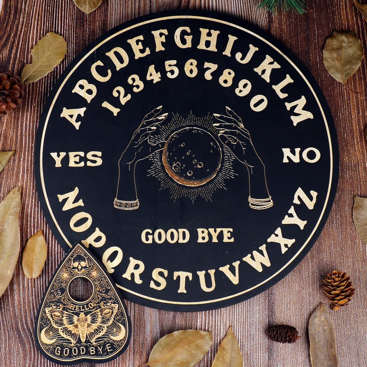 Keithwood 11.5" Black Ouija Board with Planchette Handmade Ouija Board Talking Board Game for Spirit Hunt Witchcraft Occult Practice - Hands Grab the Moon