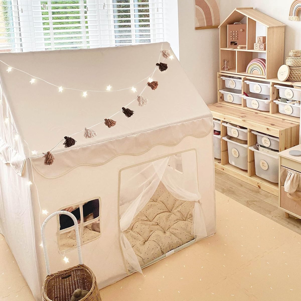 Play Tent with Starlight & Floor Mat Kids Tent Playhouse Kids Indoor Bed Tent Toddler Toys for Boys Girls Neutral Playroom Furniture Little Dove