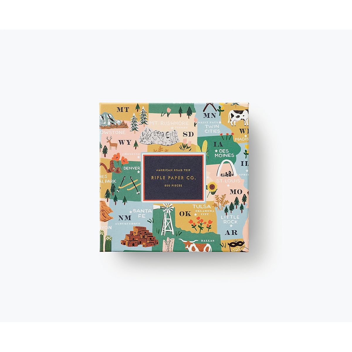 Rifle Paper Co. American Road Trip Illustrated Jigsaw Puzzle, 500 Pieces, Full Color, Finished Puzzle Size 21" L x 15" W, Paper Wrapped Gift Box with Gold Foil Accents