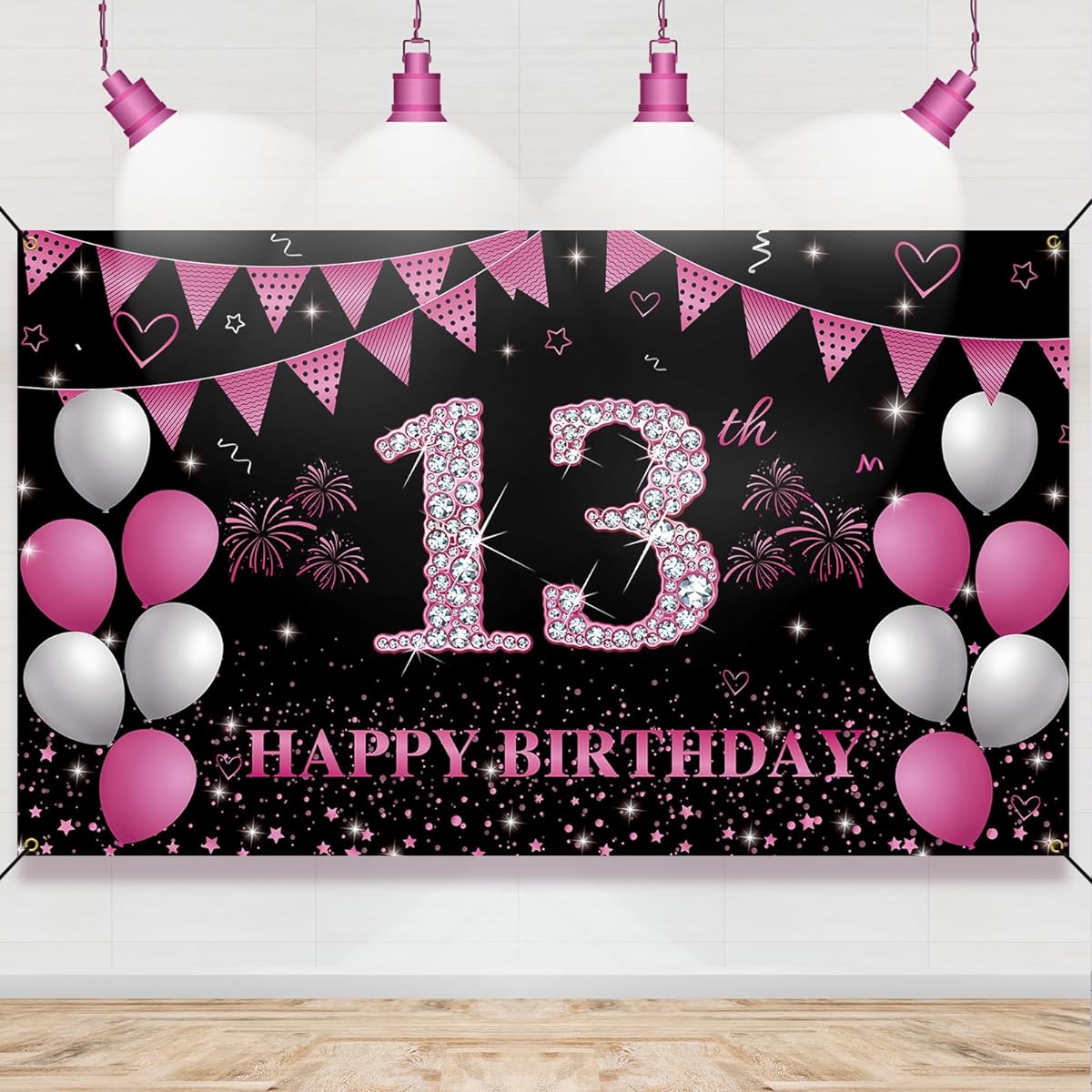 HTDZZI 13th Birthday Decoration Happy 13th Birthday Background Banner for Girls Hot Pink 13th Birthday Party Yard Sign Photo Booth Props Backdrop Decoration Fabric