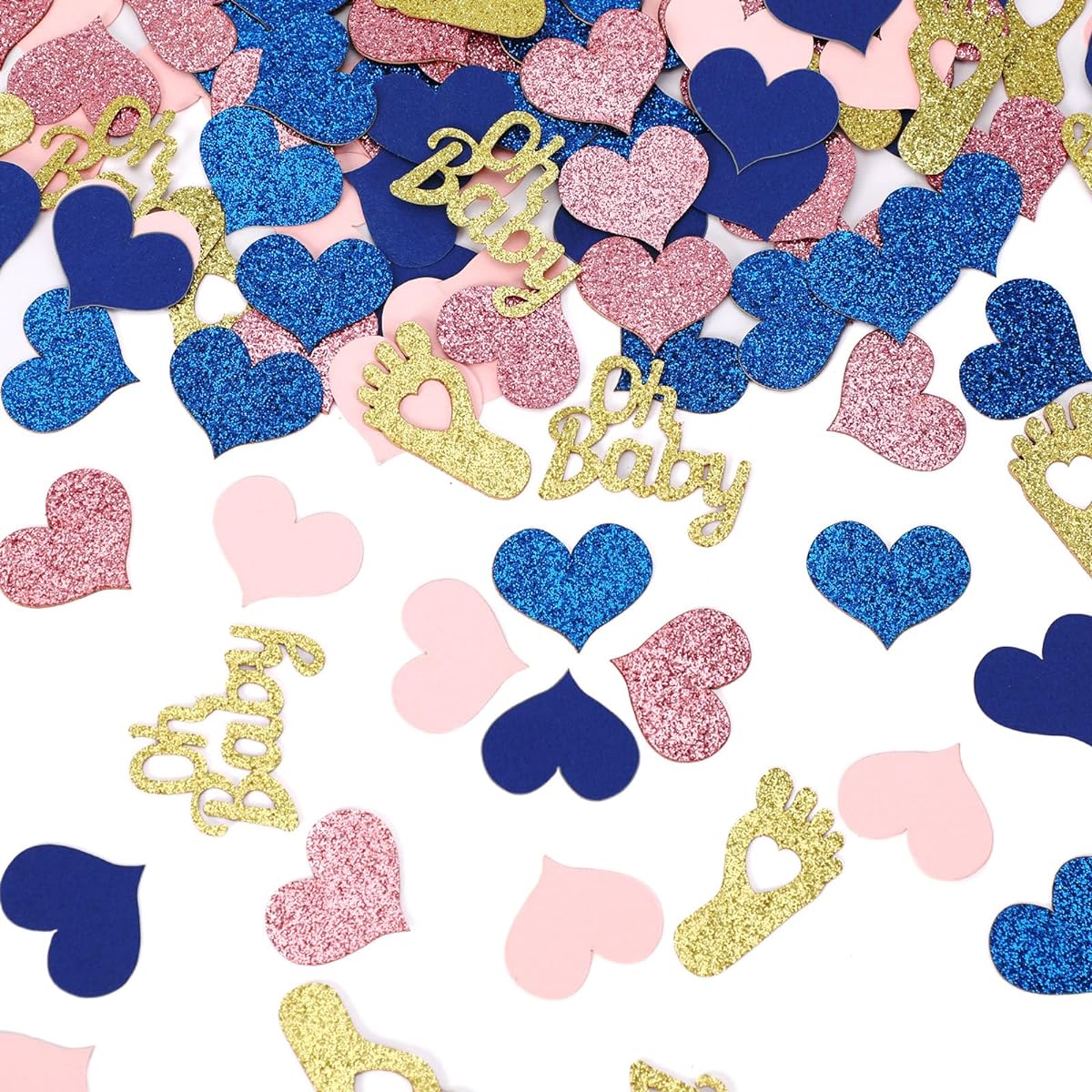MARFOREVER 350 Pieces Gender Reveal Confetti Baby Shower Decoration Navy Blue Rose Pink Glitter Heart Gold Oh Baby Footprints Confetti Gender Reveal Party Wedding Tabletop Paper Scrap Decoration
