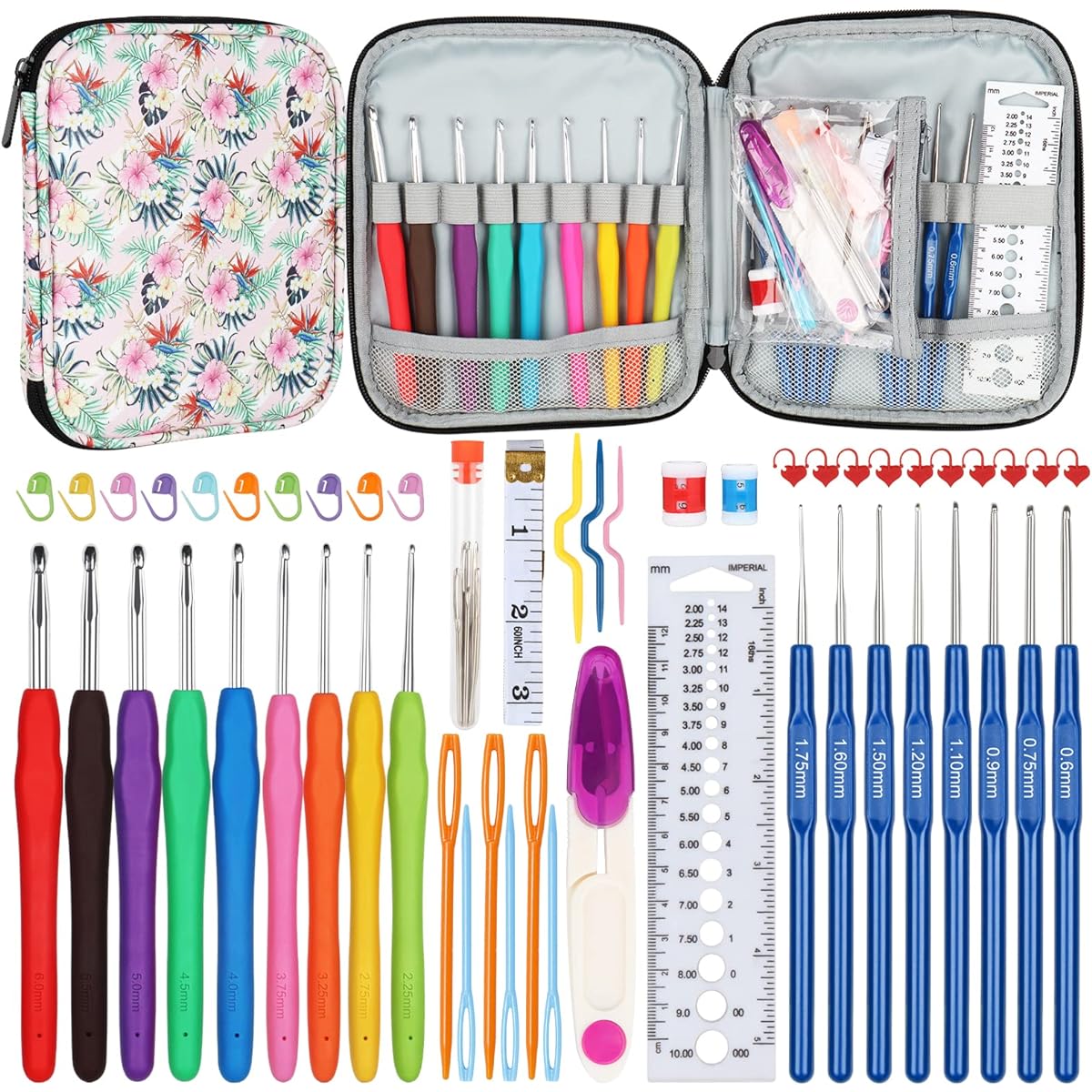 Aeelike Crochet Hooks, 62pcs Crochet Hook Set, 2mm(B) - 6mm(J), Ergonomic Crochet Hooks, Aluminum Crochet Needles with Handle, Travel Crochet Kit, Crochet Set for Beginners with Pink Crochet Hook Case