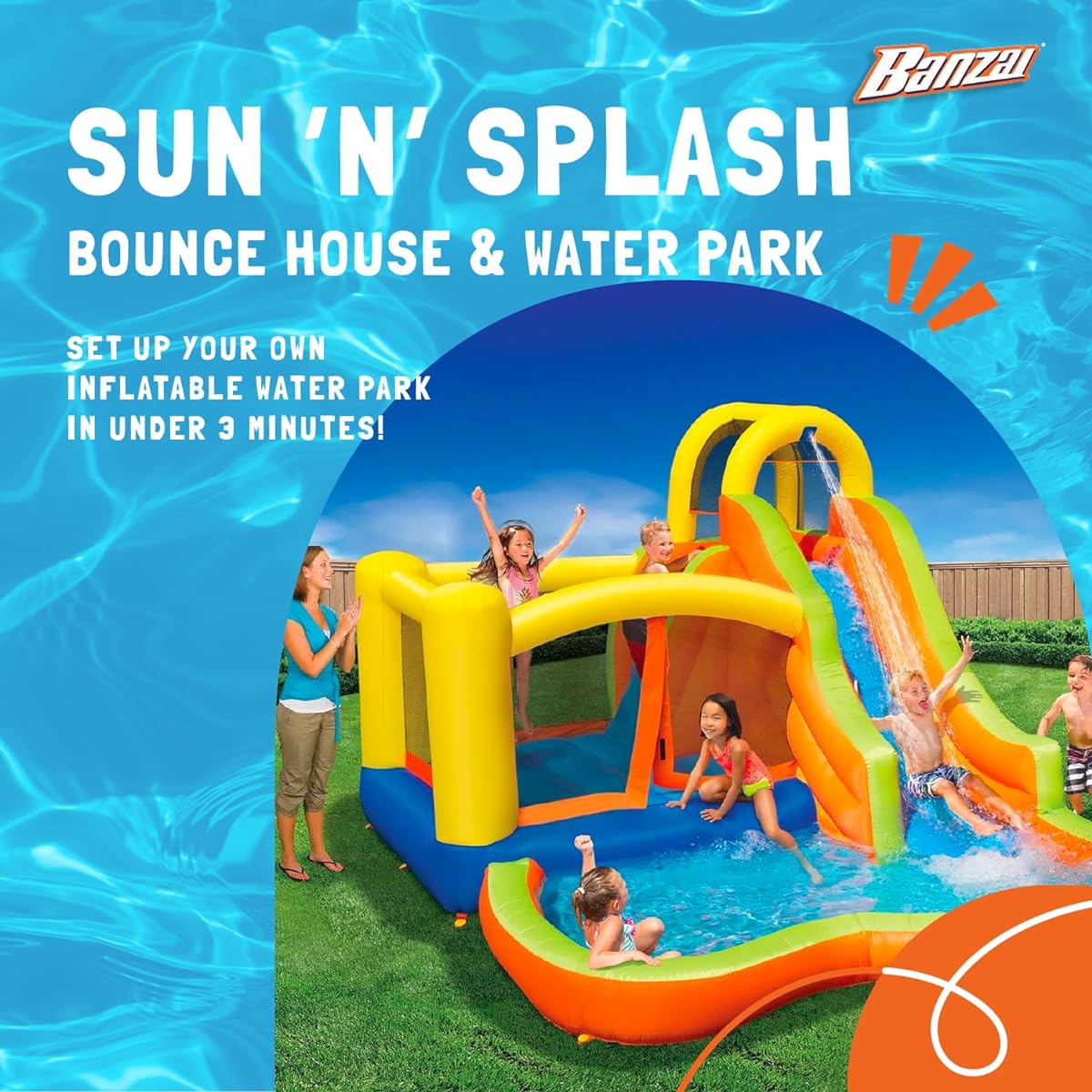BANZAI Sun 'N Splash Fun 12' x 9' x 7' Kids Inflatable Outdoor Backyard Bounce House Water Slide Splash Park Toy with Bouncer, Slide and Kiddie Pool