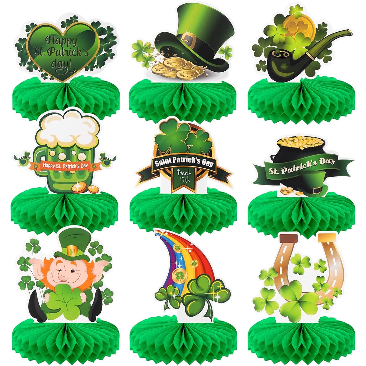 Happy St. Patrick's Day Hat Honeycomb - Pack of 9 | Leprechaun Centerpieces for St. Patrick's Day Table | Horseshoe 3D St. Patrick Centerpiece | Rainbow St. Patrick's Day Table Decorations