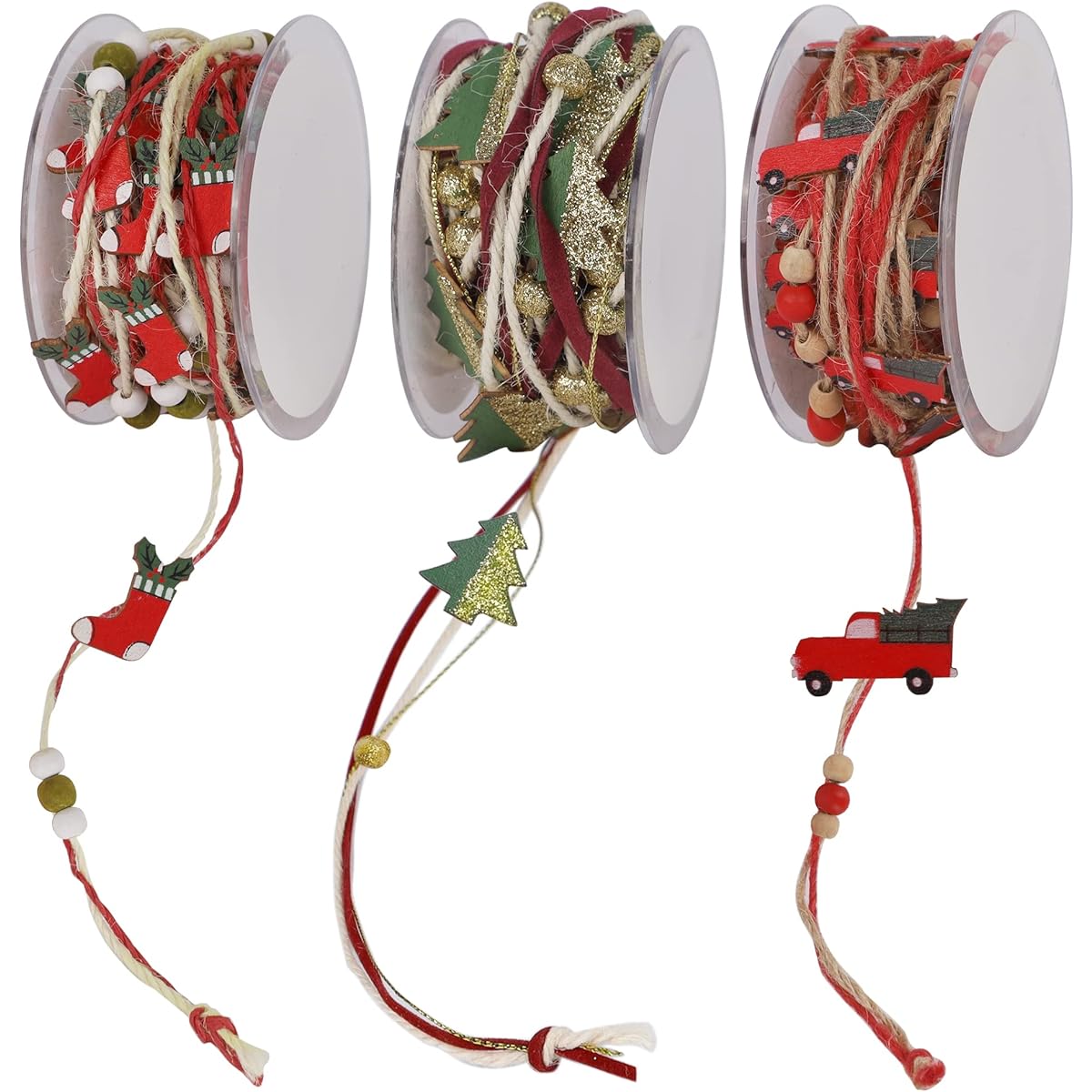Winemana 3 Pack Christmas Beaded Ribbon Christmas Tree Trim Rope with Stockings & Red Truck Garland Wreath Gift Wrapping DIY Craft Ornaments Wedding Party Decoration