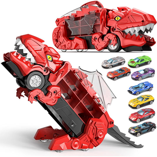 RISUNTOY Dinosaur Eating Car Transport Truck Carrier Truck Toy with Foldable Sliding 20'' Race Track Transforms into a Standing T-Rex 8 1:64 Diecast Toy Car for 3 4 5 6 7 8 Year Old Kids Red