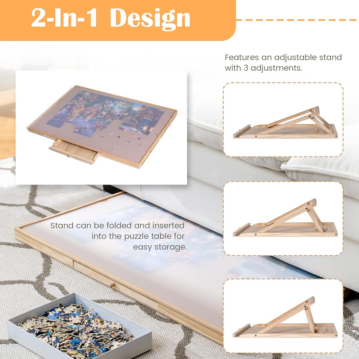 Tektalk Jigsaw Puzzle Table with Adjustable Stand/Bracket and Removable Cover, 3 Tilt Angles, Wooden Plateau Portable Puzzle Board with 4 Sorting Drawers, for up to 1500 Pieces