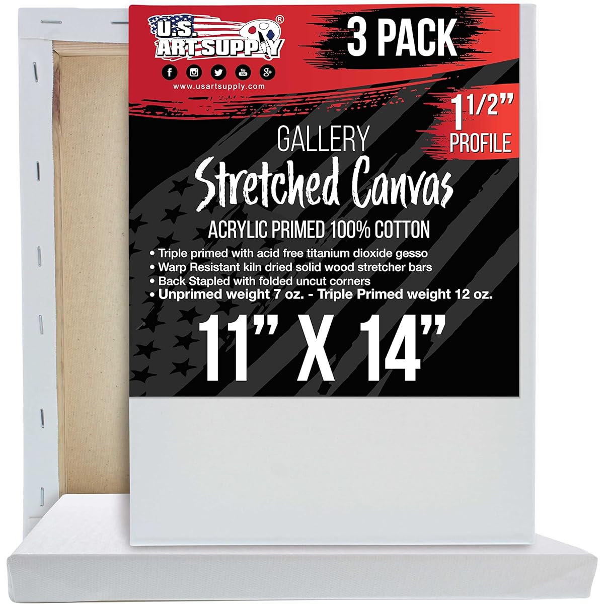 U.S. Art Supply 11" x 14" Gallery Depth 1-1/2" Profile Stretched Canvas 3 Pack - Acrylic Gesso Triple Prime 12oz 100% Cotton Acid Free Back Stapled