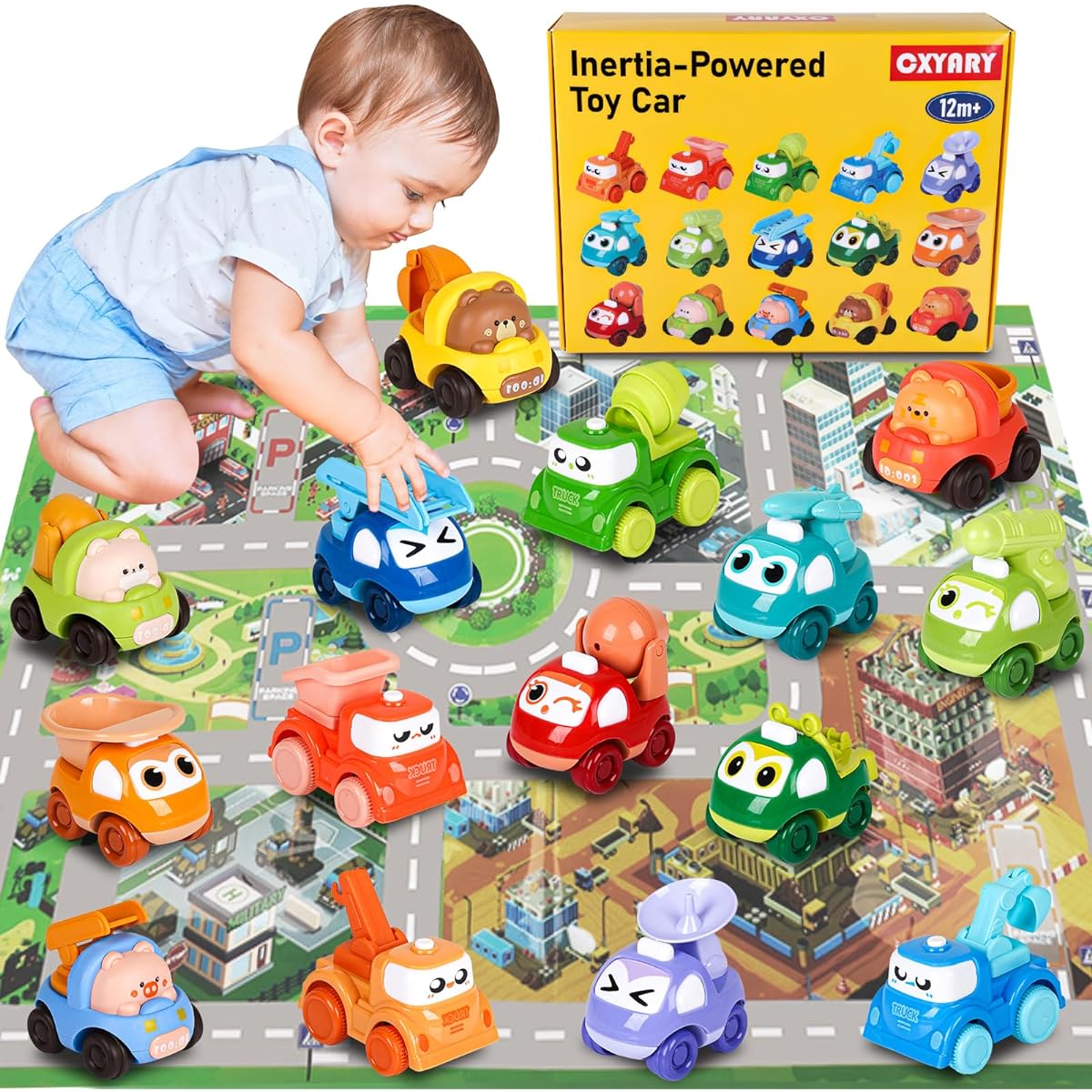 CXYARY 15pcs Baby Truck Car Toys with Traffic Map, Baby Toys for Boys 12 Months and Up, Birthday Gifts for Toddlers, Toys for Toddlers
