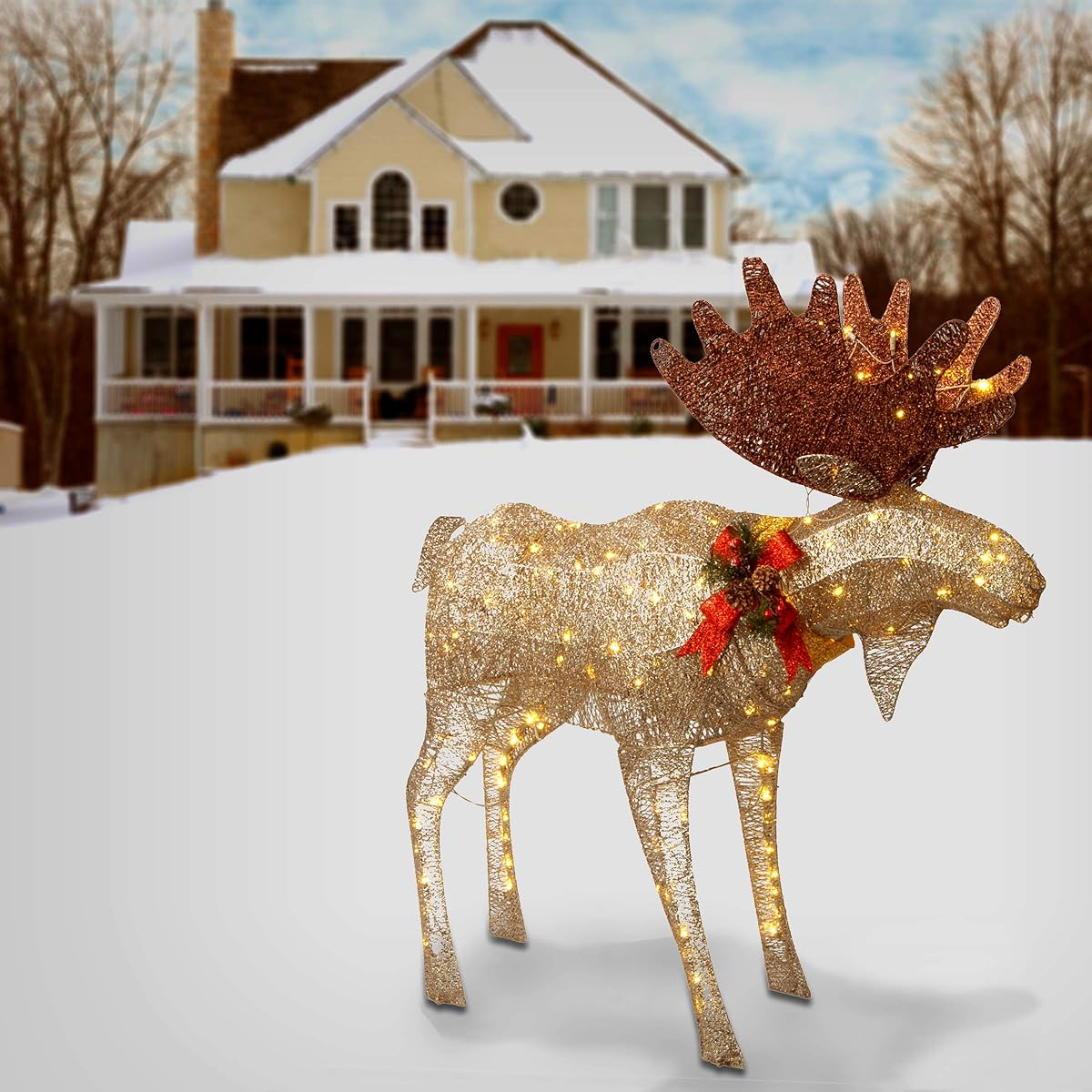 National Tree Company Artificial Christmas Decorations | Pre-Strung with White LED Lights and Ground Stake | Crystal Splendor Moose - 4'