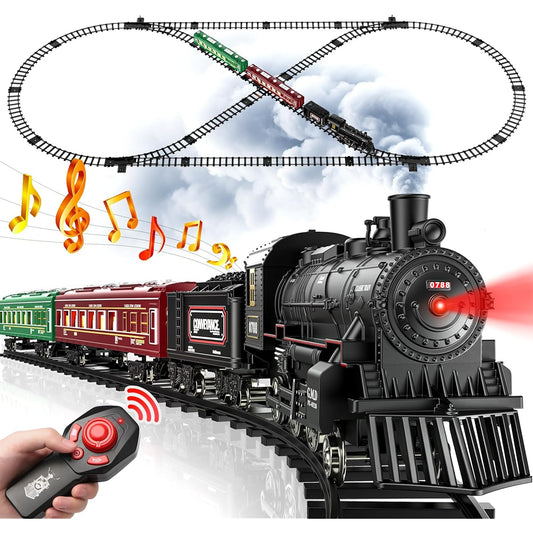 Hot Bee Model Train Set for Boys - Metal Remote Control Train Toy, Steam Locomotive, Passenger Cars & Tracks, Toy Train with Smoke, Sounds & Lights for Kids Ages 3, 4, 5, 6, 7+