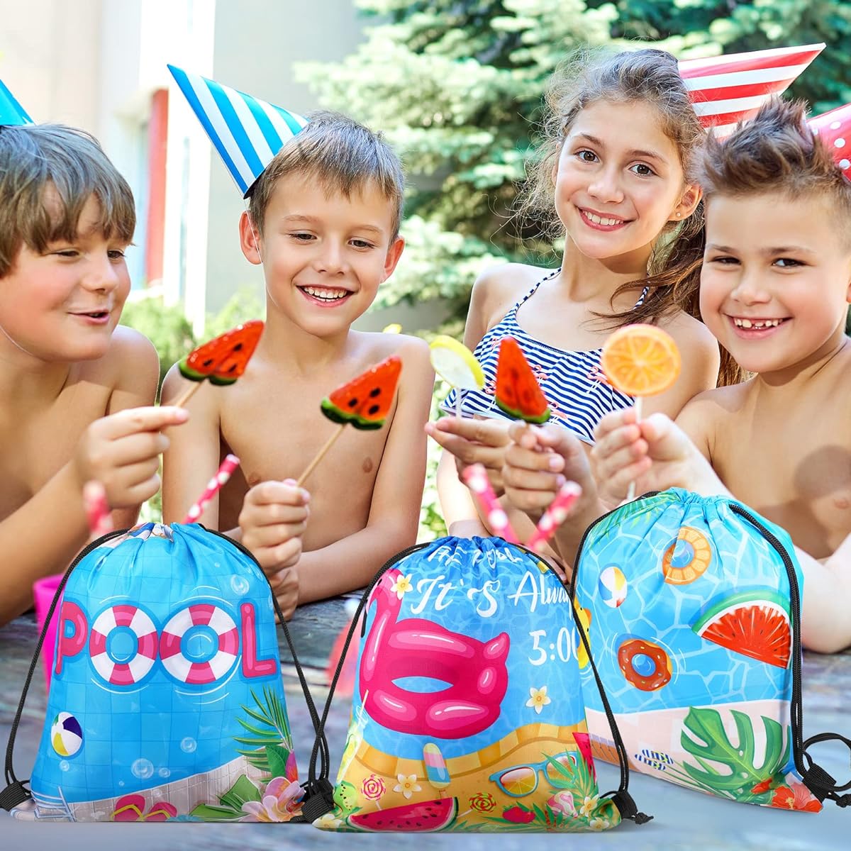 Sanwuta 18pcs Summer Pool Sea Party Favors Beach Sea Animal Party Drawstring Bag Luau Hawaiian Ocean Party Treat Bags for Kids Birthday Party Supplies (Pool Party)