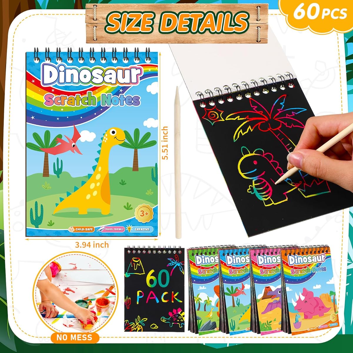 Motipuns Dinosaur Rainbow Scratch Book for Kids Dinosaur Rainbow Scratch Notes Bulk Dinosaur Magic Scratch Paper Art Supplies for Kids Birthday Party Giveaways Classroom Prizes