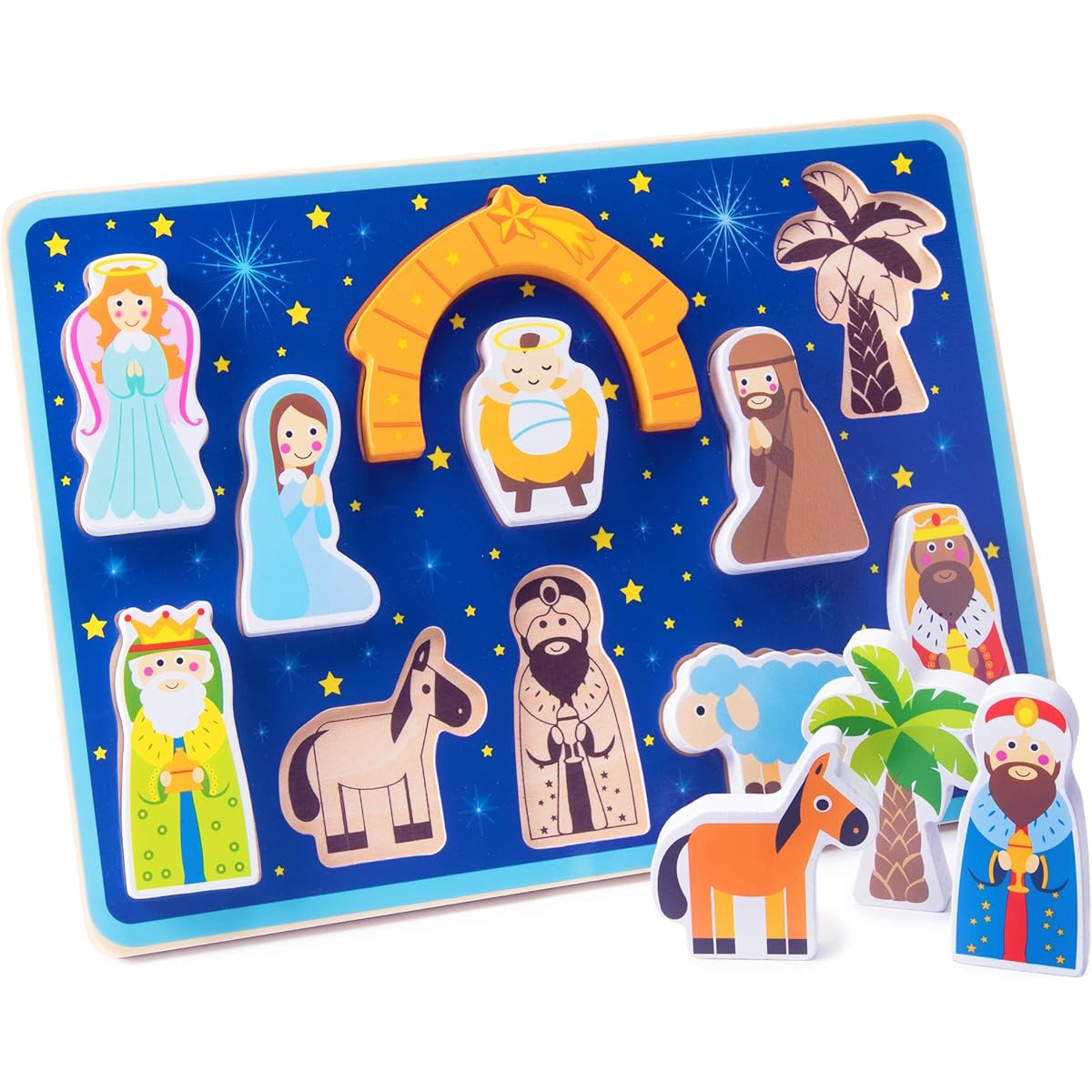Piece on Earth Nativity Puzzle Board Children's 11 pc. Chunky Wooden Inset Shapes First Christmas, New Testament Christian Bible Story Toy for Advent, Religious Holidays, and Learning