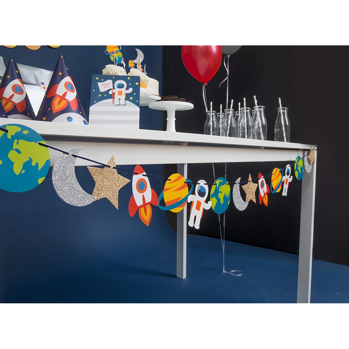 Trip To The Moon Birthday Party Decorations Kit for 12 Guests Party, Happy Birthday Banner, Space Garland, Cupcake Toppers, Party Hats, Kids Birthday Party Decorations