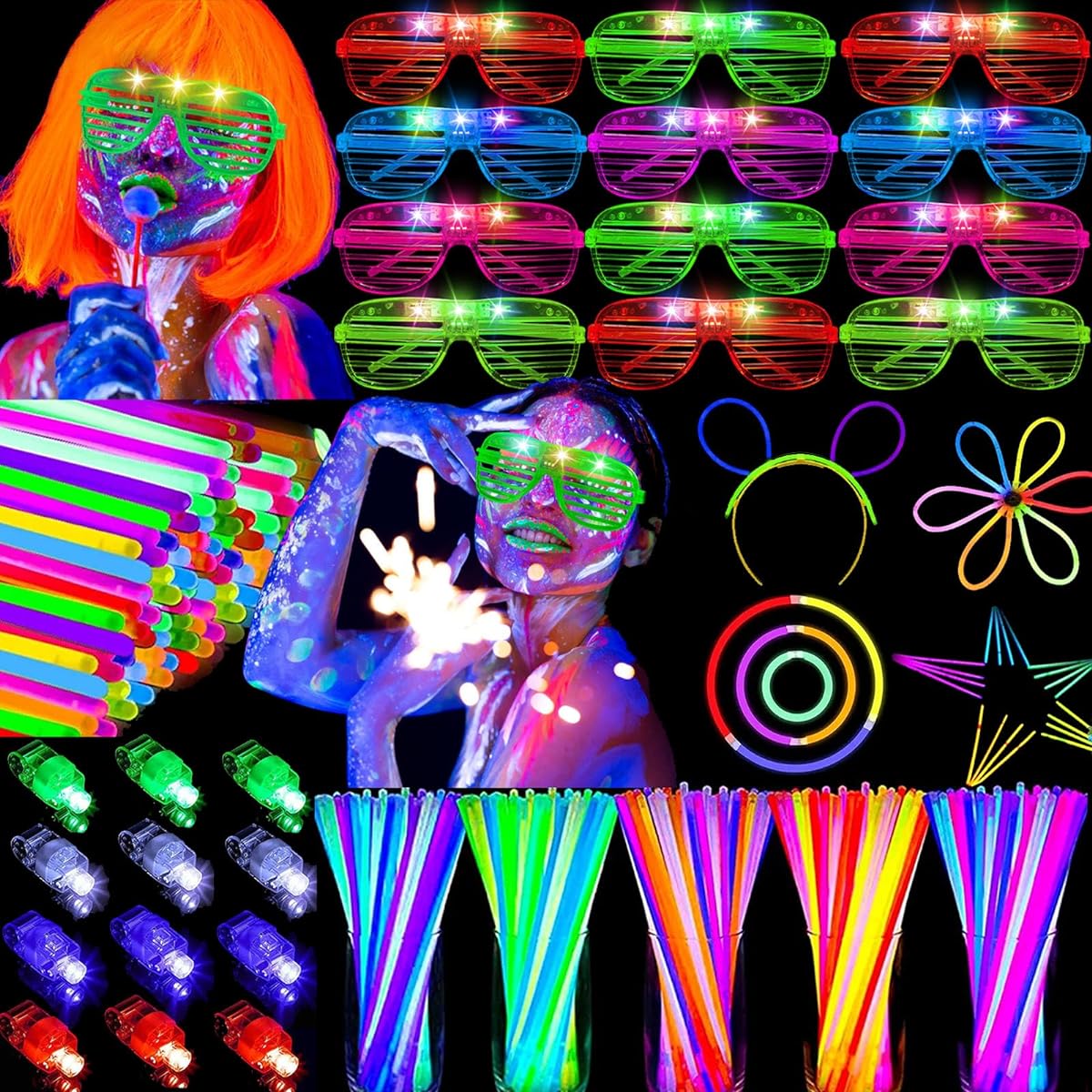 OLUPP 170pcs Glow in the Dark Party Supplies for Kids LED Light Up Toys Neon Party Supplies 30pcs Flashing Glasses 100pcs Glow Sticks 40pcs Finger Lights Birthday Christmas New Year's Eve Gifts