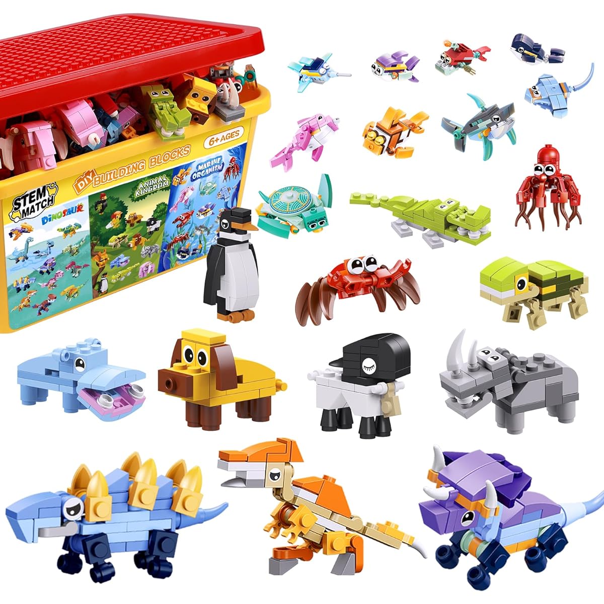 STEM Montessori Dinosaur Animal Building Blocks Set Educational Gifts for Kids Boys Girls Ages 6+ Dinosaur Land and Sea Animals 36 Pack 1063 Pieces