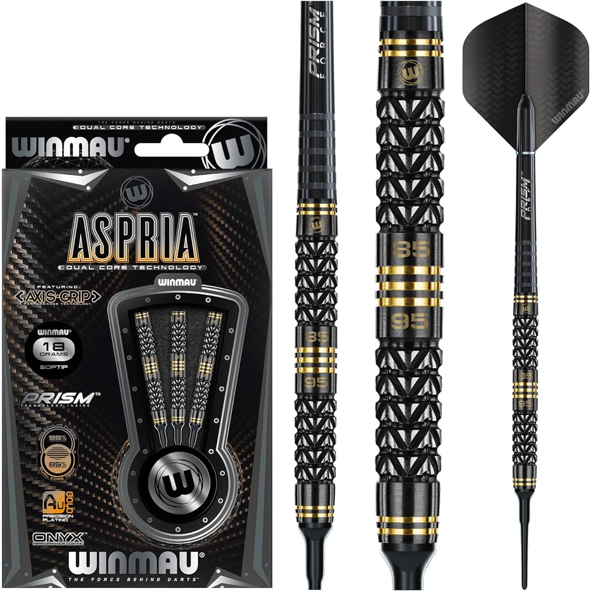 Winmau Aspria 18 Gram Soft Tip Tungsten Darts Set Flights and Stems (Shafts)