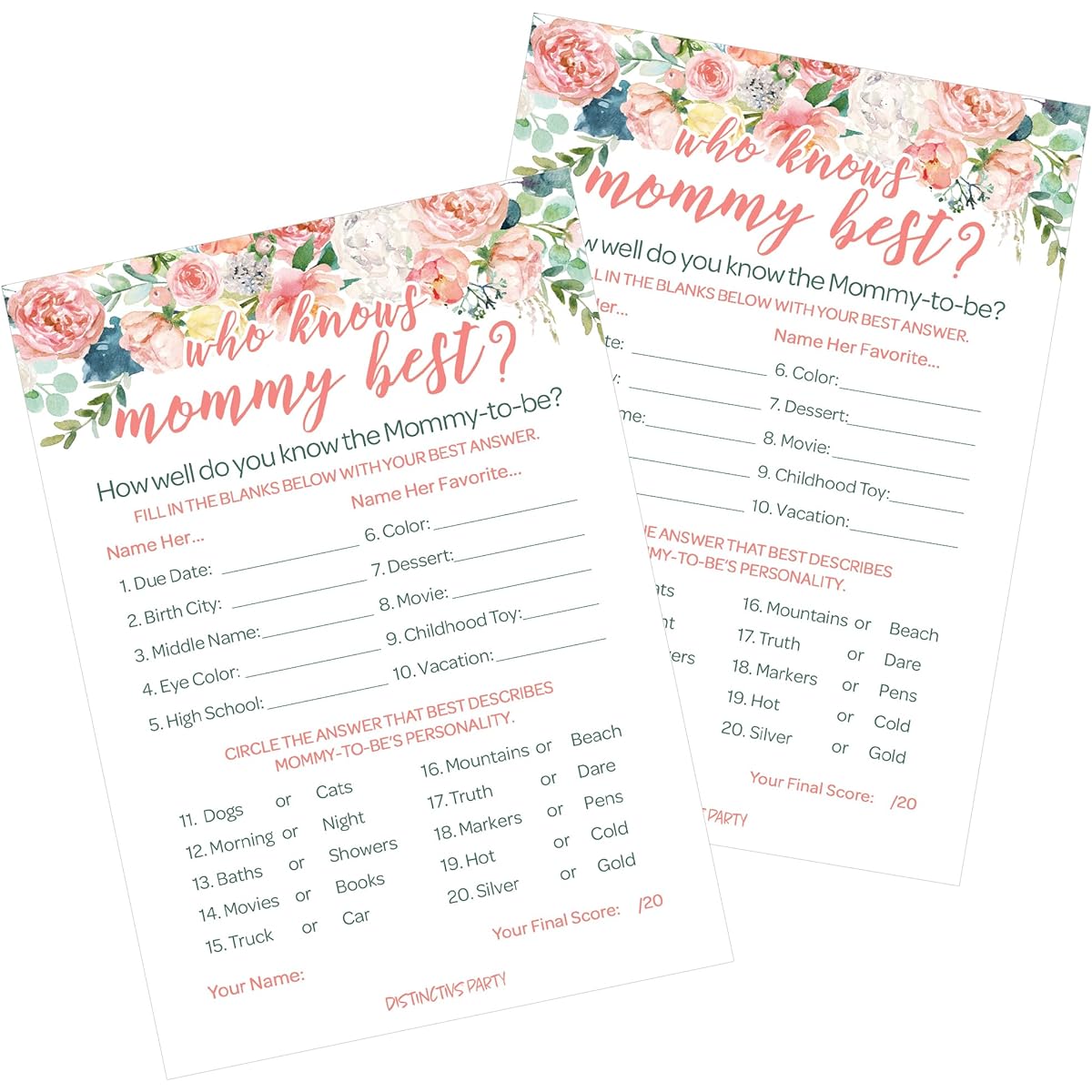 Who Knows Mommy Best Game Card - Floral Themed Baby Shower - 20 Cards