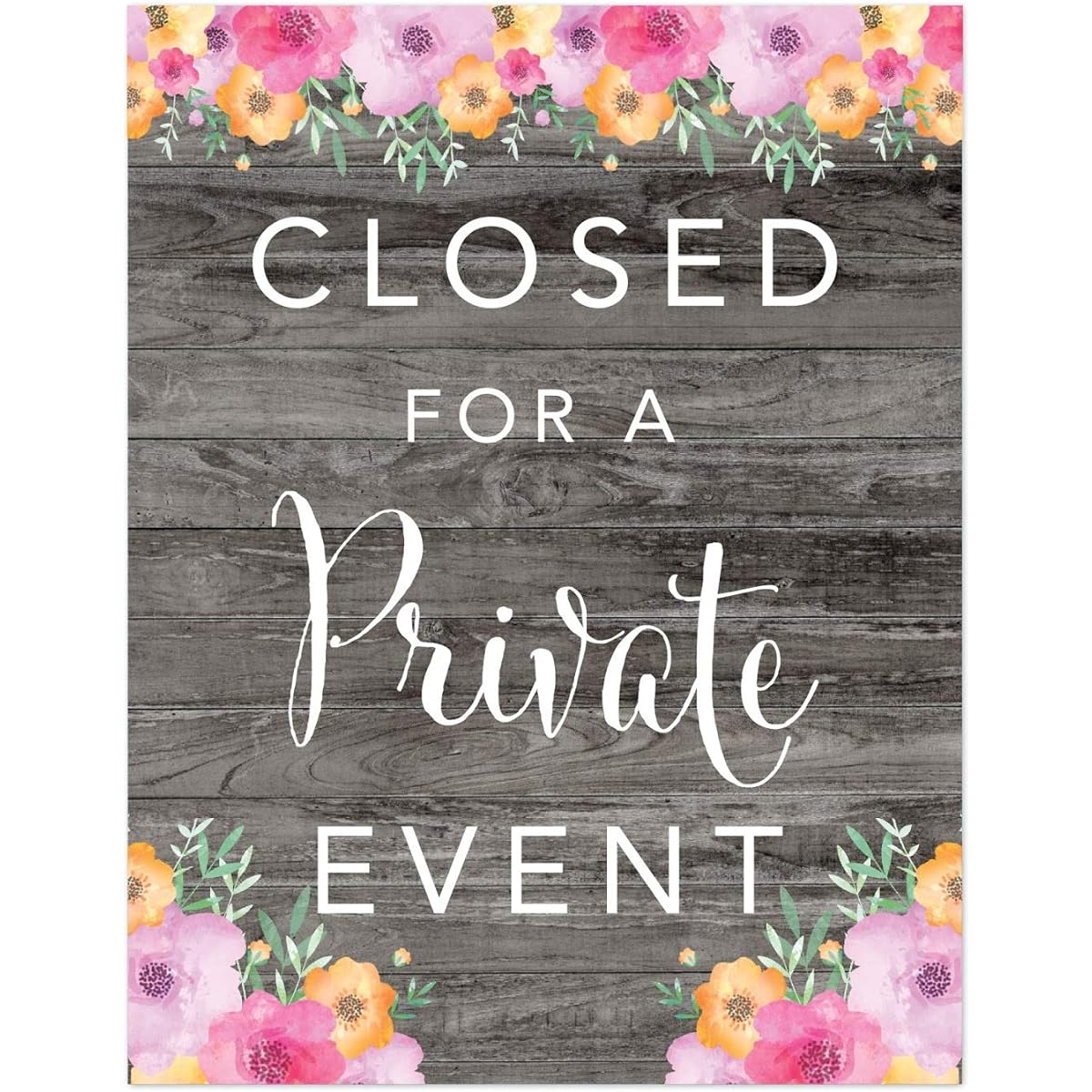 Andaz Press Wedding Party Signs Rustic Gray Wood Pink Floral Flowers 8.5x11 inches for Private Events 1 Pack Unframed
