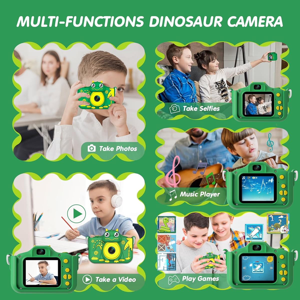 MYLORFUL Kids Camera Cartoon Dinosaur Selfie Digital Camera Toy for Children Christmas Birthday Gift Boys Girls 3 4 5 6 7 8 9 10 11 12 Years Old with 32GB SD Card