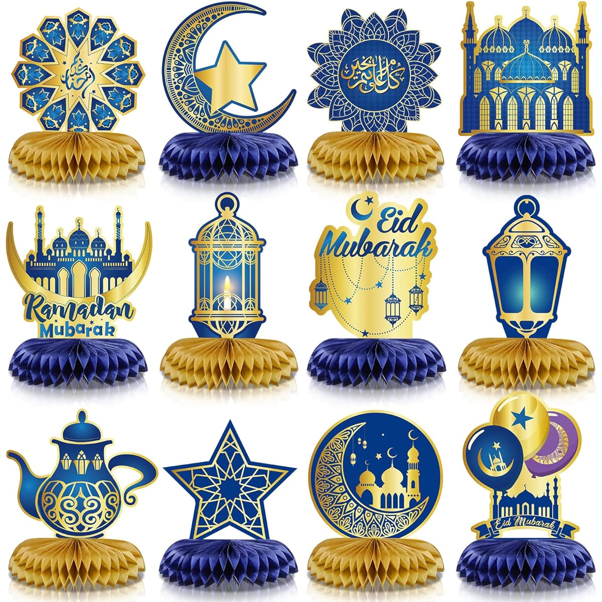 Ramadan Mubarak Decor Blue and Gold Eid Mubarak Honeycomb Centerpieces Decorations Shiny Gold Star Moon Lantern Table Toppers for Eid Al Fitr Party Islamic Holiday Favors 12pcs