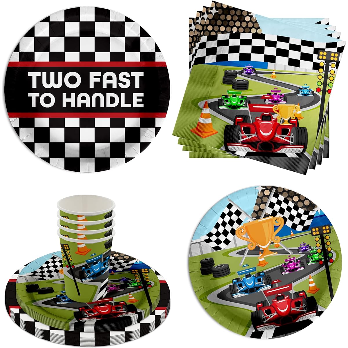 Birthday Galore Racing Party Supplies (2 Fast Handle Race Cars 64 Pieces)
