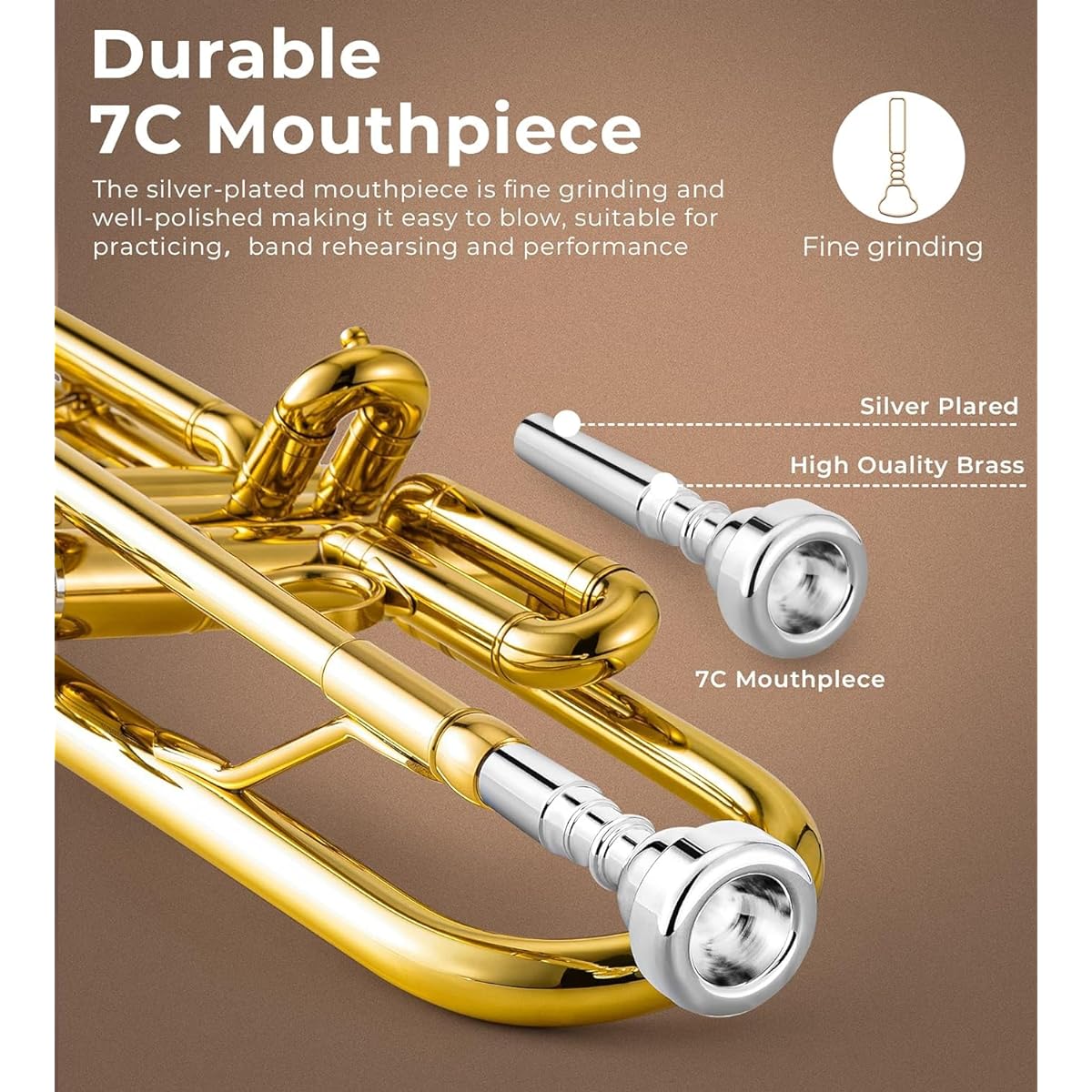 Vangoa Bb Trumpet Standard Brass Trumpet Beginner Student Hard Case Stand 7C Mouthpiece Gloves Valve Oil Cleaning Kit Included Gold