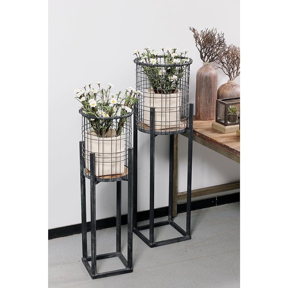 SPICE OF LIFE Pot Cover Contempo Wire Basket with Iron Stand L Size Black Width 27cm Depth 27cm Height 81.5cm JDDT5103