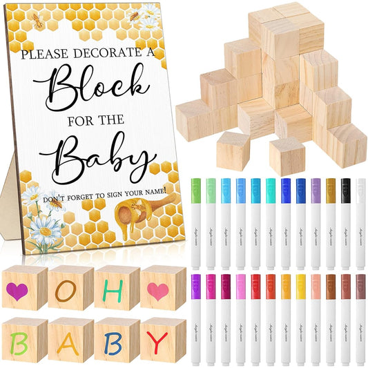 Tatuo Baby Shower Game Sign Kit, 50 Block Game Signs, DIY Blank Wooden Blocks, 24 Acrylic Paint Markers for Baby Shower Favors, Game Winner Gender Reveal Party (Bee)